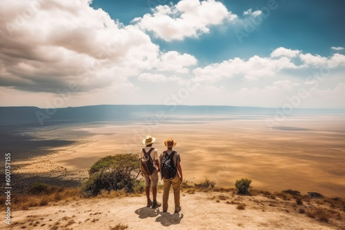 Tanzania travel destination. Tourist couple in sunny nature with beautiful landscape views. Generative AI.