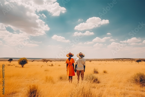 Kenya travel destination. Tourist couple in sunny nature with beautiful landscape views. Generative AI.