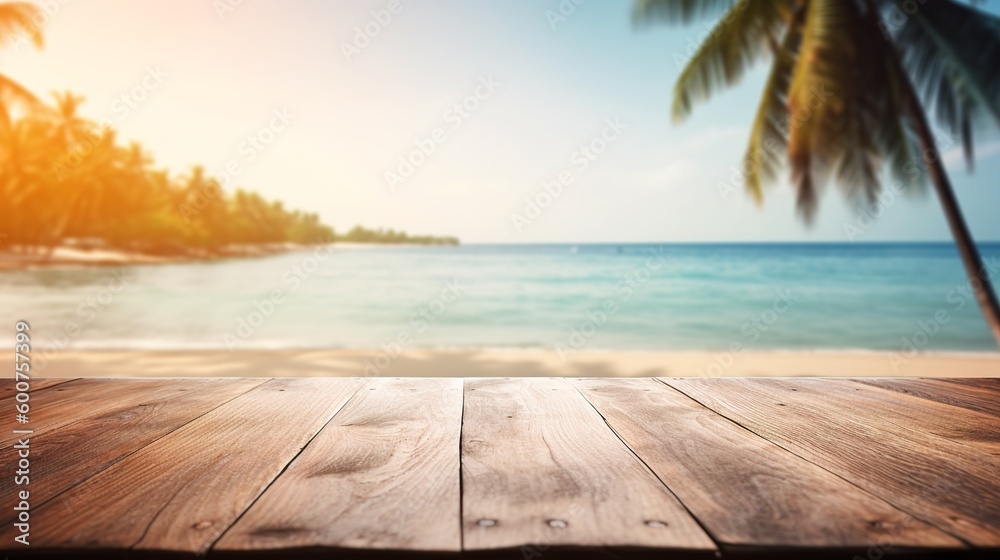 Fototapeta premium Empty wooden table top product display showcase stage. Tropical summer, palm trees, white sand and blue ocean in the background. Generative AI