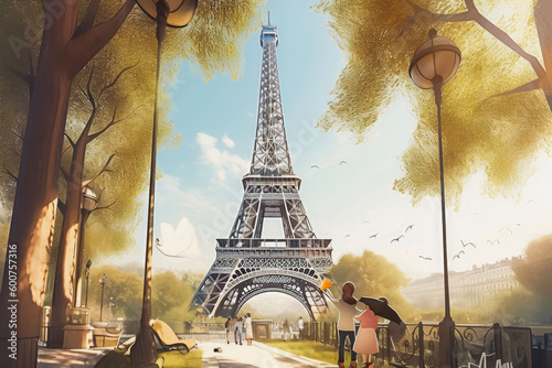 Paris travel destination. Tourist couple in sunny city beautiful urban landscape view. Generative AI.