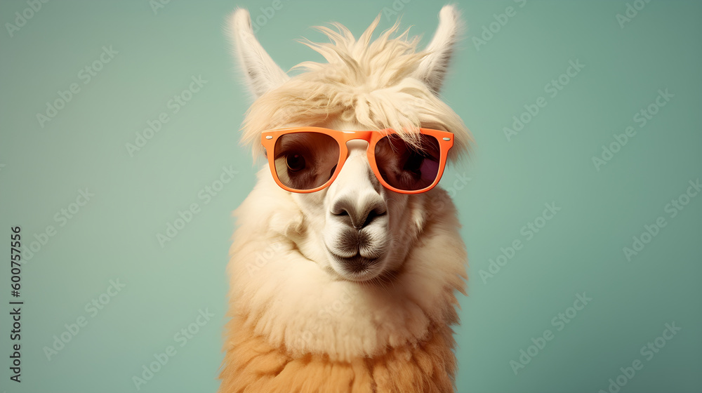 Portrait lustiges Lama trägt eine Sonnenbrille. Generative AI - obrazy, fototapety, plakaty 