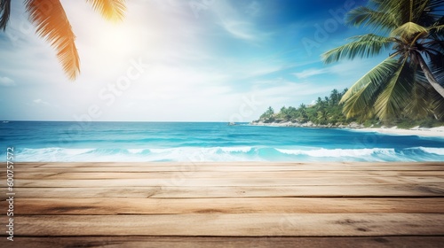 Empty wooden table top product display showcase stage. Tropical summer  palm trees  white sand and blue ocean in the background. Generative AI 