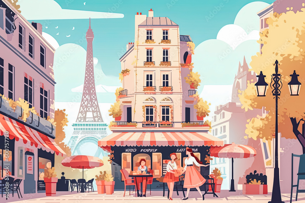 Paris travel destination. Tourist couple in sunny city beautiful urban landscape view. Generative AI.