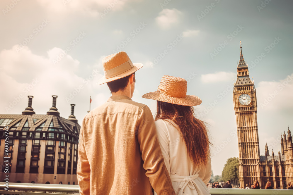 Obraz premium London travel destination. Tourist couple in sunny city beautiful urban landscape view. Generative AI.