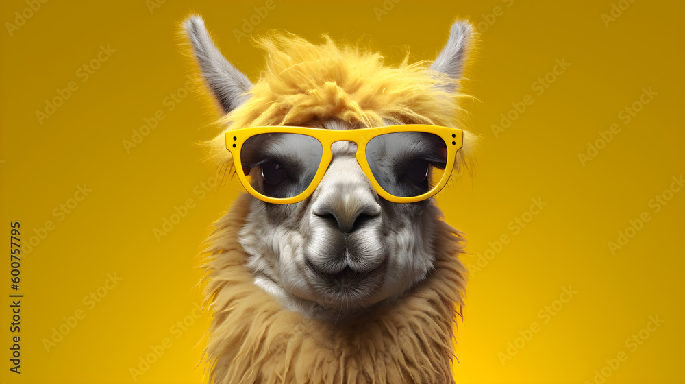 Portrait lustiges Lama trägt eine Sonnenbrille. Generative AI