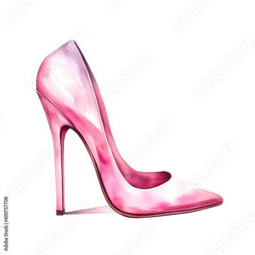 Watercolor illustration of a pink female shoe with high heel isolated on white background. Generative AI.
