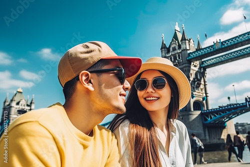 London travel destination. Tourist couple in sunny city beautiful urban landscape view. Generative AI.