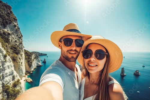 Philippines travel destination. Tourist couple on sunny sandy beach with beautiful landscape. Generative AI.