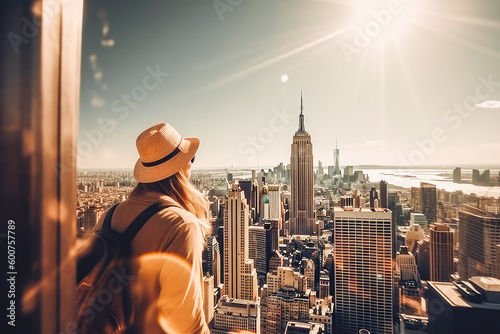 New Your empire state building travel destination. Tourist couple in sunny city beautiful urban landscape view. Generative AI. © VisualProduction