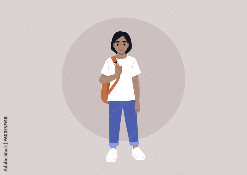 A full body portrait of a school kid carrying a backpack on one strap