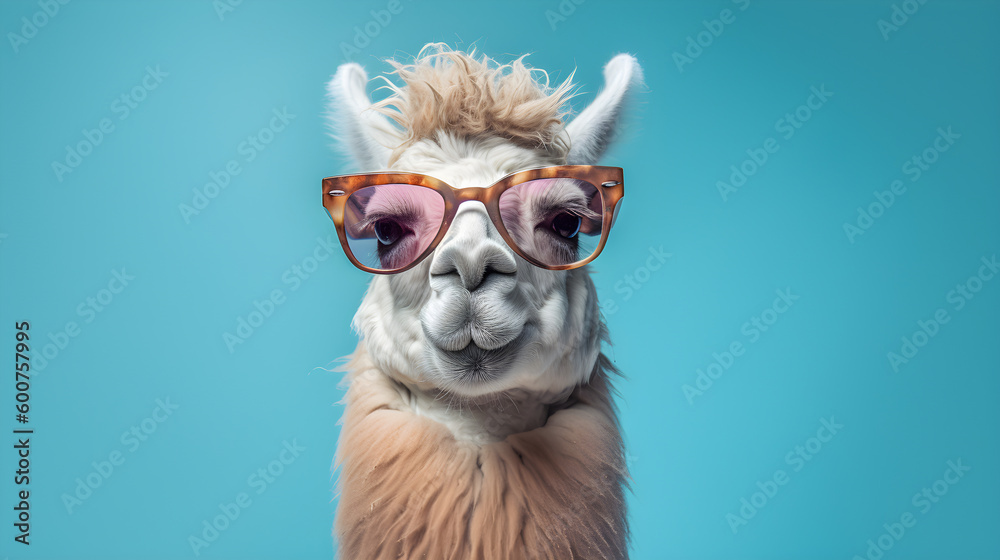 Portrait lustiges Lama trägt eine Sonnenbrille. Generative AI - obrazy, fototapety, plakaty 