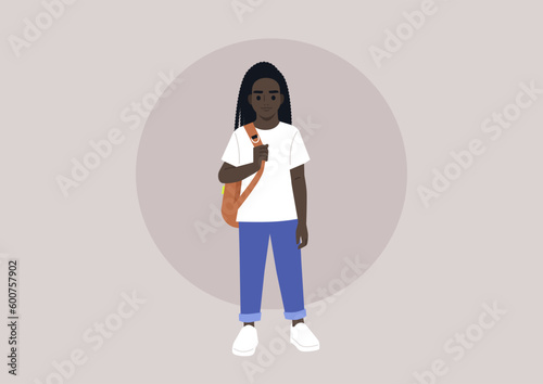 A full body portrait of a school kid carrying a backpack on one strap
