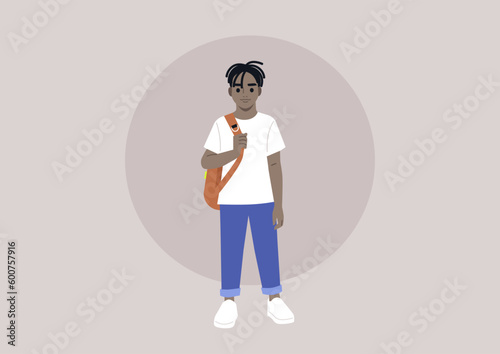 A full body portrait of a school kid carrying a backpack on one strap
