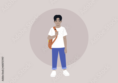 A full body portrait of a school kid carrying a backpack on one strap