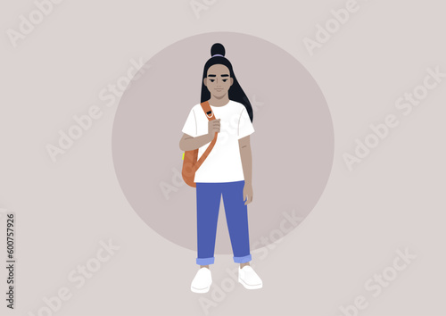 A full body portrait of a school kid carrying a backpack on one strap