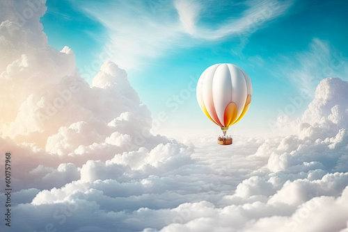 White Hot Air Balloon Above White Clouds. AI generative.