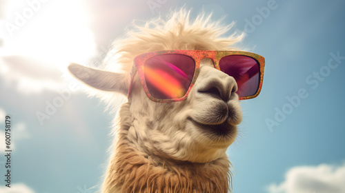 Portrait lustiges Lama trägt eine Sonnenbrille. Generative AI