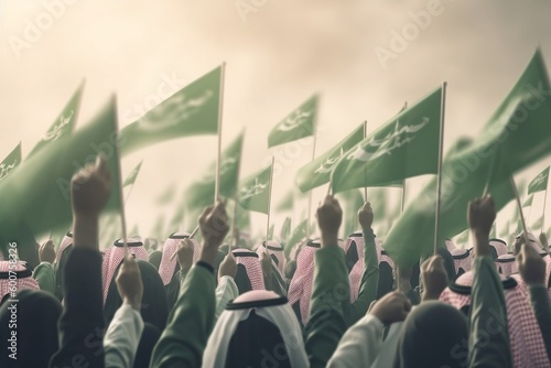 Generic Crowd Cheering with Saudi Arabian Flag. Generative AI photo