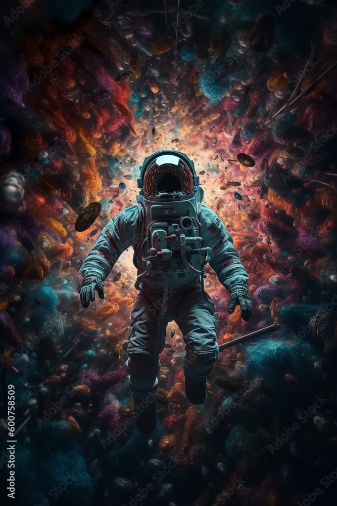 Astronaut floating in colorful space, Generative AI