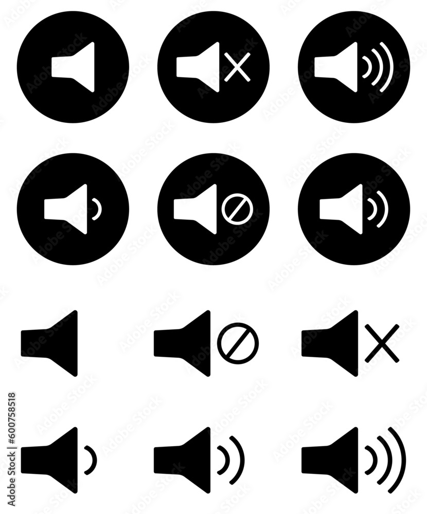 Icons of volume. Audio, video, sound speaker. Vector icons set. Volume control buttons Icons of volume. Audio, video, sound speaker. Vector icons set. Volume control buttons