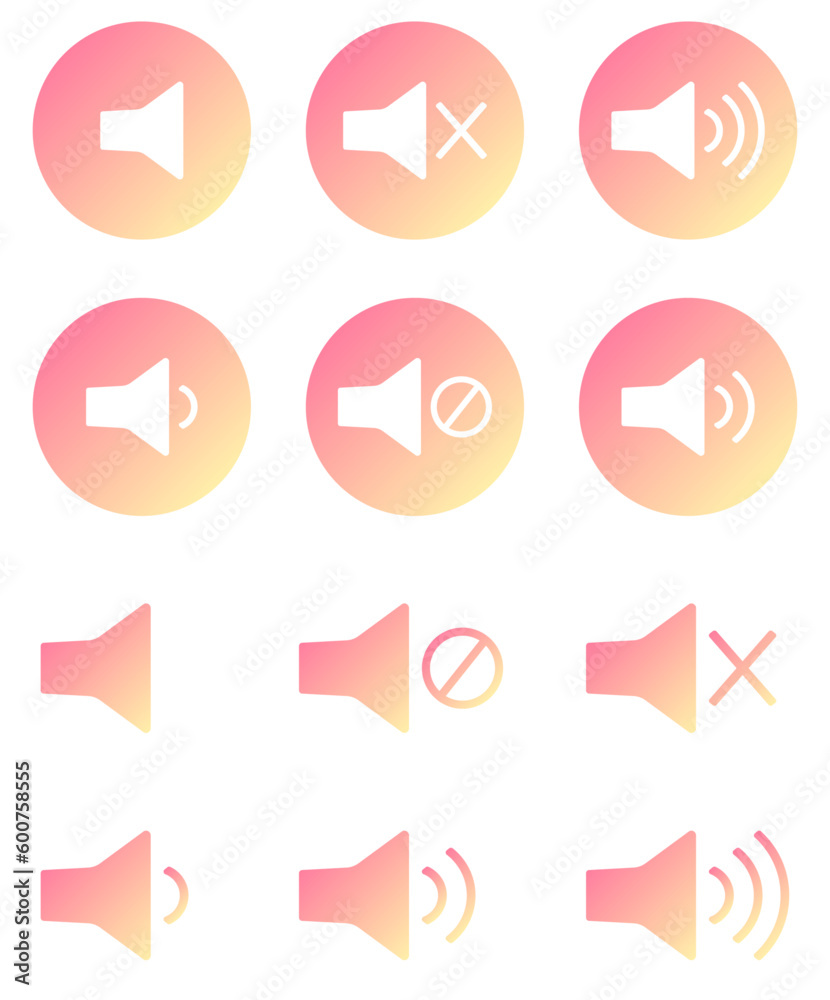 Icons of volume in gradient color. Audio, video, sound speaker. Vector icons set. Volume control buttons Icons of volume in gradient color. Audio, video, sound speaker. Vector icons set. Volume control buttons