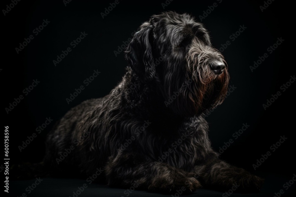 Dark background showcases magnificent black Russian Terrier. Generative AI