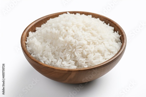 White rice in bowl on white background, top view with transparent background. Generative AI
