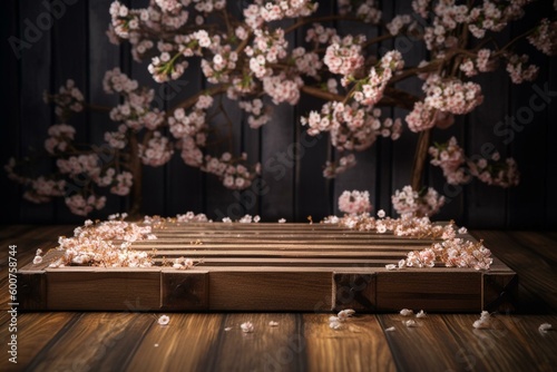 Wooden stage with cherry blossoms background for product display. Generative AI