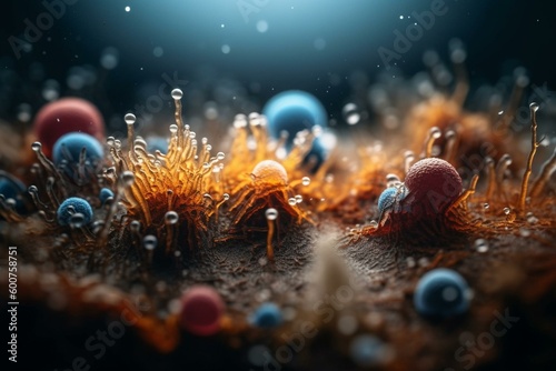 Picture of tiny microbes - bacteria and viruses. Generative AI