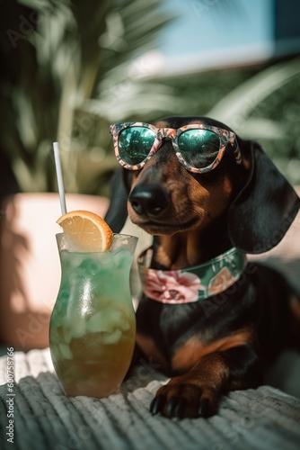 Super cute dachshund sunbathing and wearing sunglasses, Generative AI