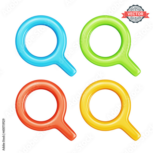 Magnifying glasses or loupes icons set. Glossy colored magnifier icons isolated on white background. Realistic 3D vector graphics in plastic cartoon style