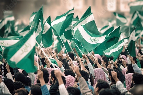 Unrecognizable Generic Crowd Cheering with Saudi Arabian Flag. Generative AI © Flowstudio