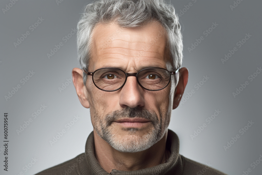 Head and shoulders portrait of a grey haired middle-aged man looking thoughtfully at the camera, isolated from background, Created using generative AI tools. Head and shoulders portrait of a grey haired middle-aged man looking thoughtfully at the camera, isolated from background, Created using generative AI tools.