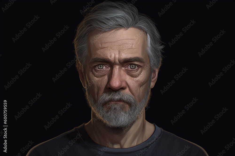 Head and shoulders portrait of a grey haired middle-aged man looking thoughtfully at the camera, isolated from background, Created using generative AI tools. Head and shoulders portrait of a grey haired middle-aged man looking thoughtfully at the camera, isolated from background, Created using generative AI tools.