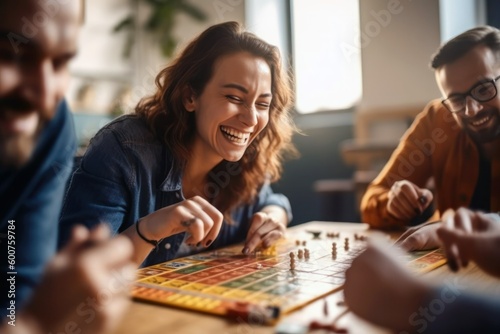 Cheerful couple engaged in a board game at home, experiencing joy and togetherness during leisure time, generative ai photo
