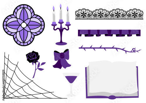 Set of objects in gothic style. Illustration for party. Halloween or masquerade.