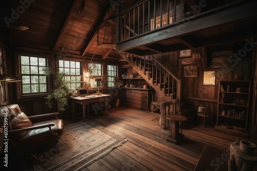 A warm and inviting living space with a rustic wooden cabin vibe. Generative AI © Pascale