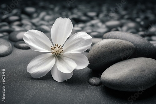 Gray background with white flower and smooth pebbles. Generative AI