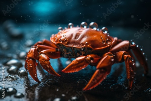 A vibrant crab perched on icy bubbles and droplets with arched and extended limbs. Generative AI