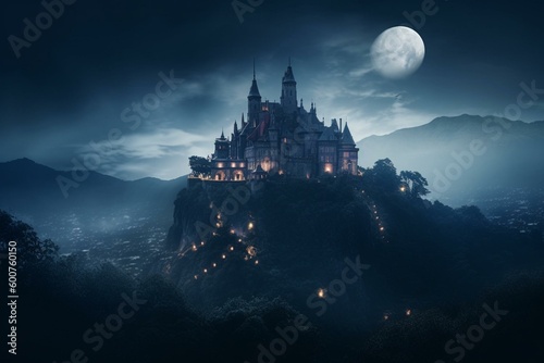 Mysterious fantasy castle cityscape illuminated by moonlight in fog. Digital illustration. Generative AI