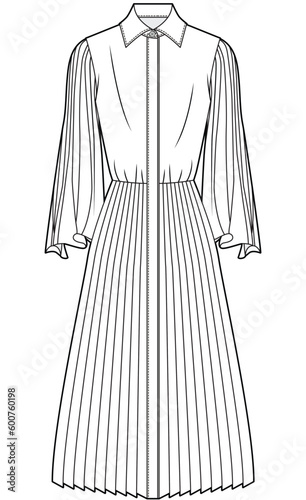 womens long sleeve pleated shirt dress flat sketch vector illustration technical cad drawing template