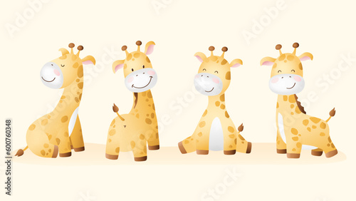 Adorable kids print with Baby Giraffes poses. Safari animal. African wildlife. Funny cartoon childish characters for baby shower, greeting card, print, invitation, clothes for newborn. Isolated vector