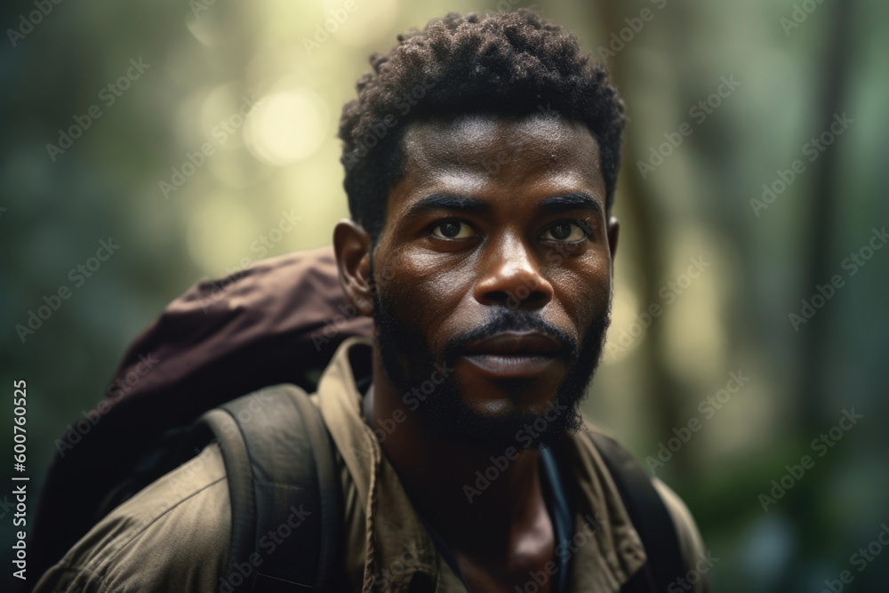 Portrait of a black man with backpack looking at camera in forest. AI generative. IA generativa Portrait of a black man with backpack looking at camera in forest. AI generative. IA generativa