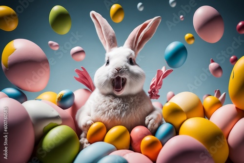 Happy Easter Bunny with many colorful easter eggs.