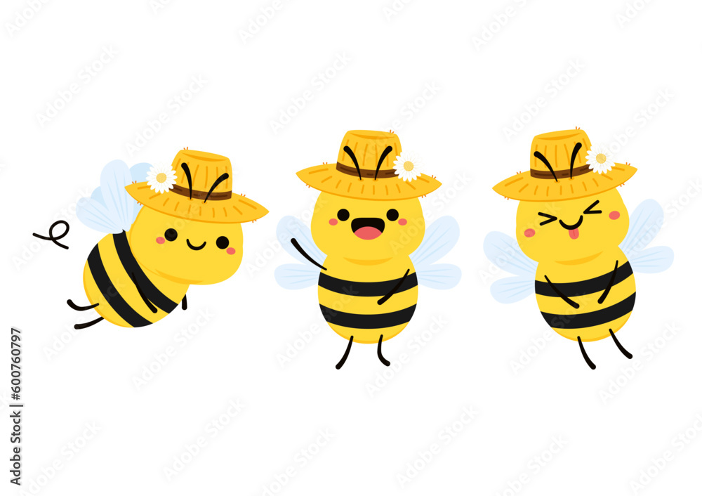 Cute friendly bee. Cartoon happy flying. Insect character. Vector isolated on white background.