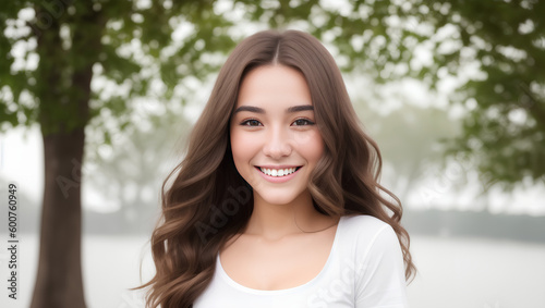 Joyful young woman with long, brown hair looking at camera. Isolated, green background with copy space. Generative AI.