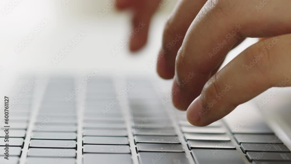 Hand of Asian  woman using laptop, Asia business typing work on computer at home, Close up of women hand, Side view
