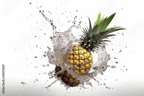 Pineapple and splashes of water on a white background. AI generative.