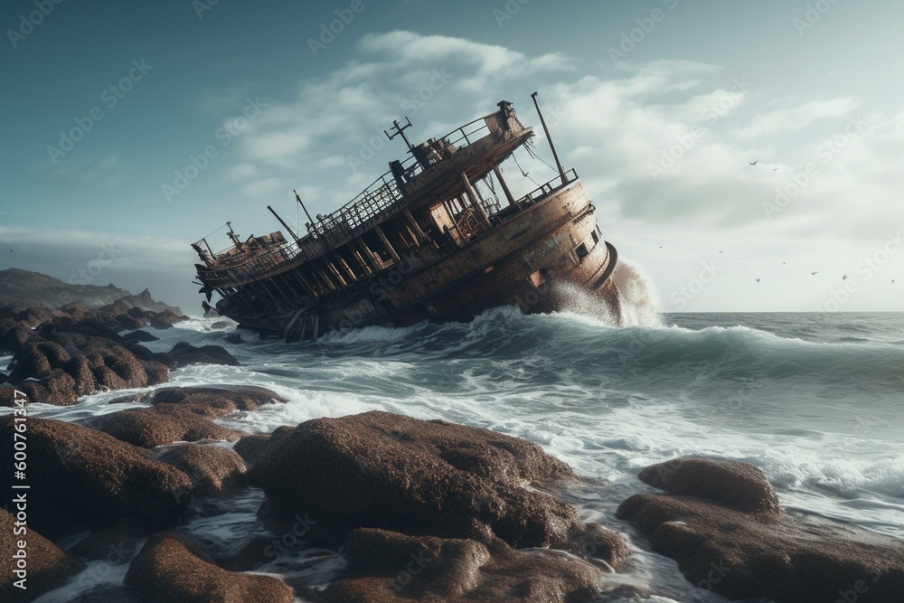 A sad scene of a wrecked ship on rocky shore with waves crashing against it. Generative AI