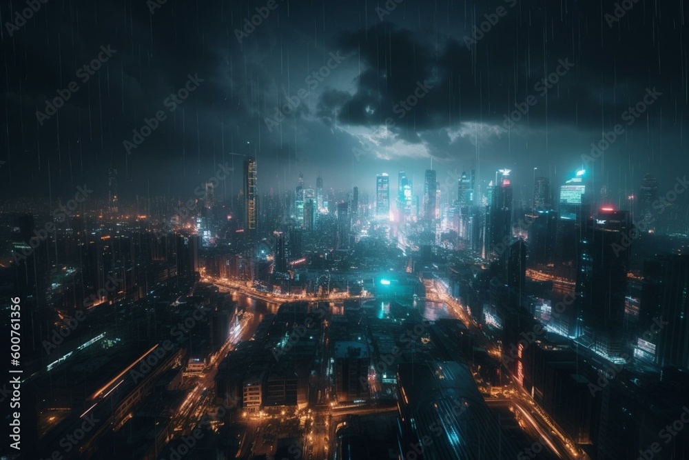 Futuristic city with neon skyscrapers under cloudy sky. Generative AI